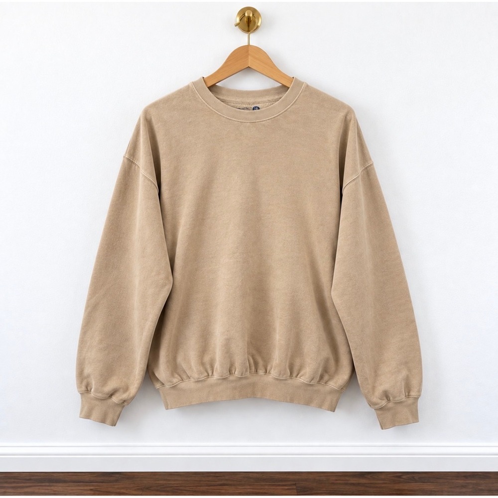 DARE Tan Crewneck Sweatshirt Mens Medium Sand Beige Fleece Pullover Minimalist